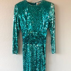 Vintage 80s Turquoise Oleg Cassini Sequin Dress.